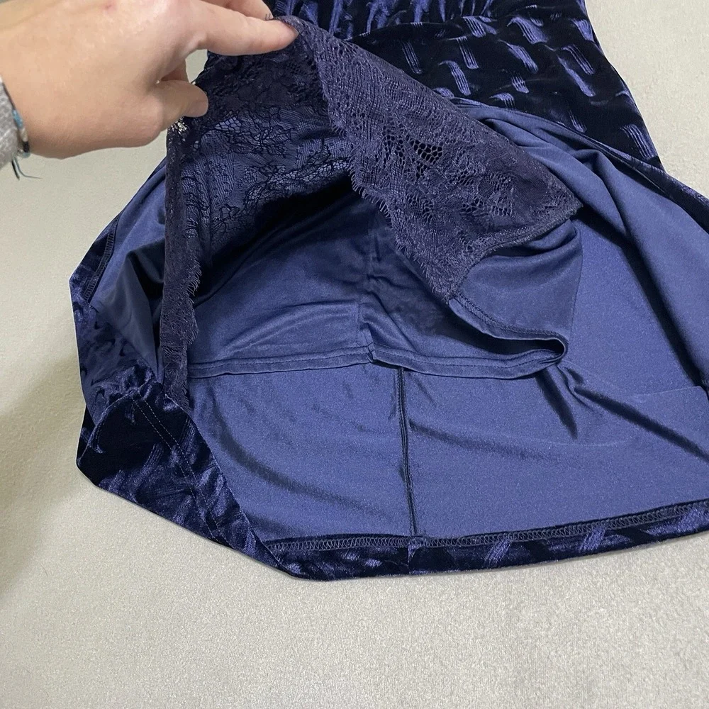 Women's Psychedelic Blue Velvet Lace Mini‎ Dress Halter Neck Slit L HOCO Formal
